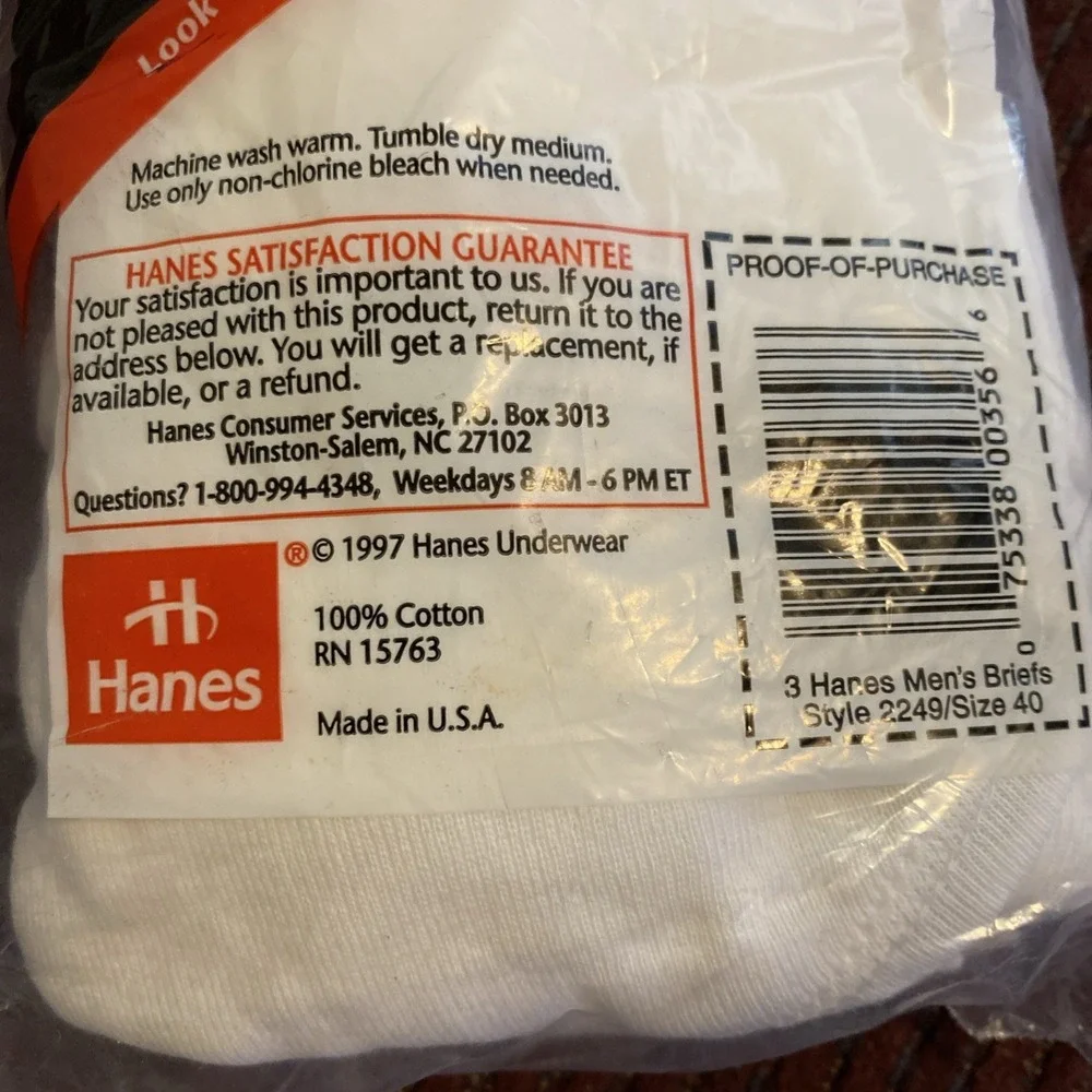 VINTAGE 1997 HANE'S MEN'S 100% PRESHRUNK COTTON WHITE BRIEFS NEW OLD STOCK SZ 40